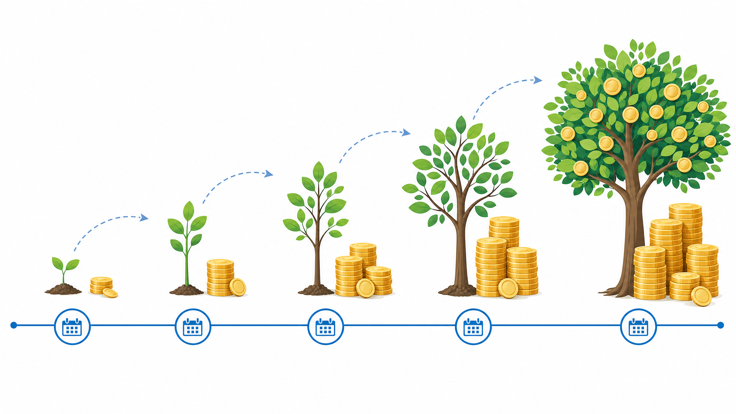 Infografik: Zinseszins-Effekt – Geld wächst über die Zeit wie ein Baum