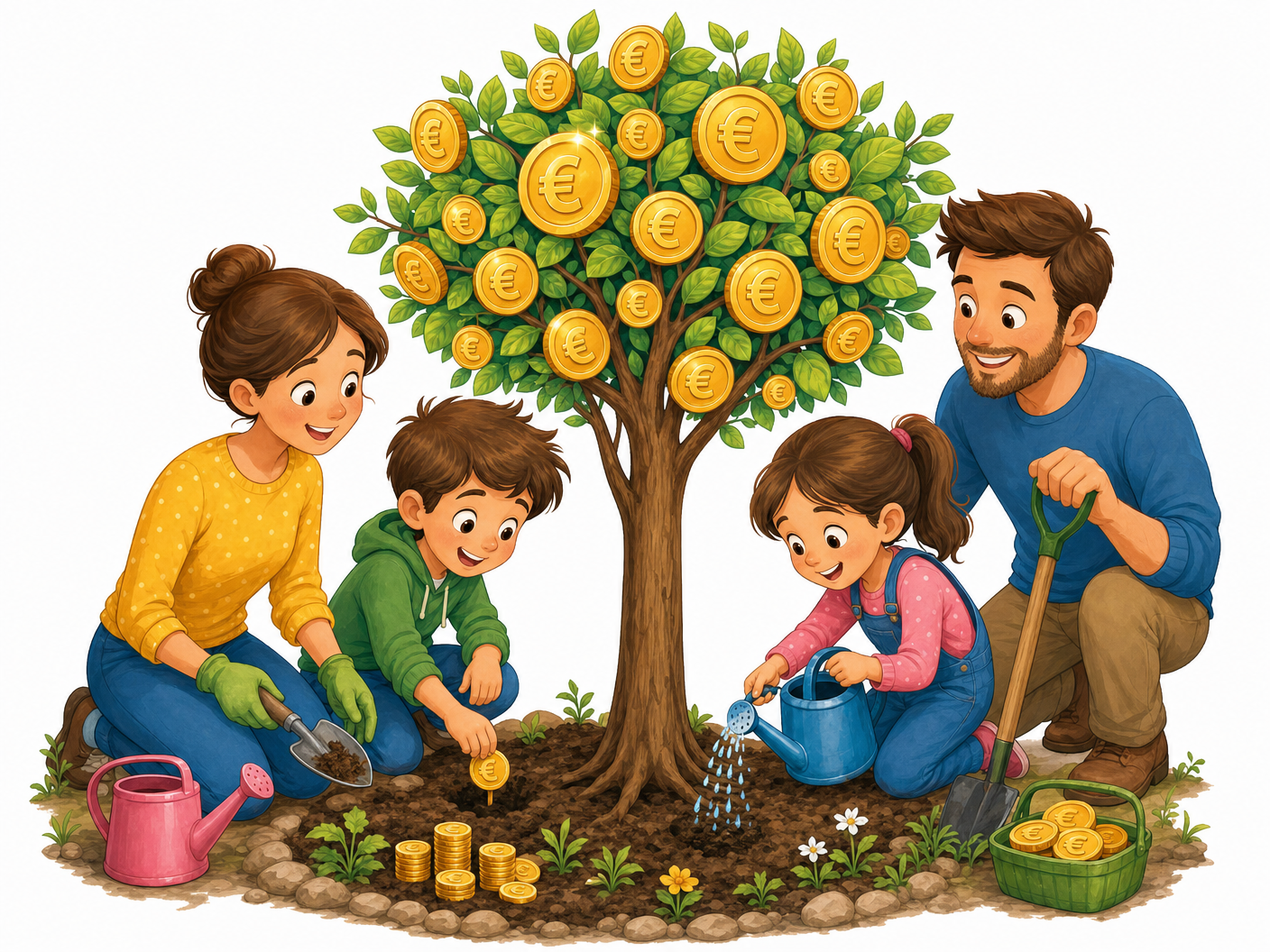 Familie pflanzt gemeinsam einen Münzbaum – Frühstart-Rente für Kinder